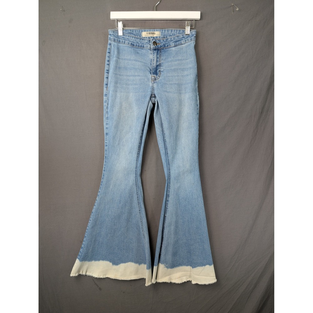 Rock & Roll Cowgirl Bargain Button Bell Jeans Light Wash 26X32 Flare Dip Dye Hem